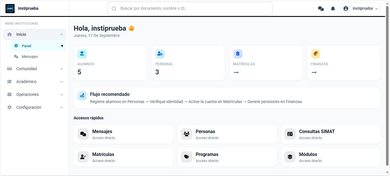 Panel institucional ARK con matrículas y finanzas