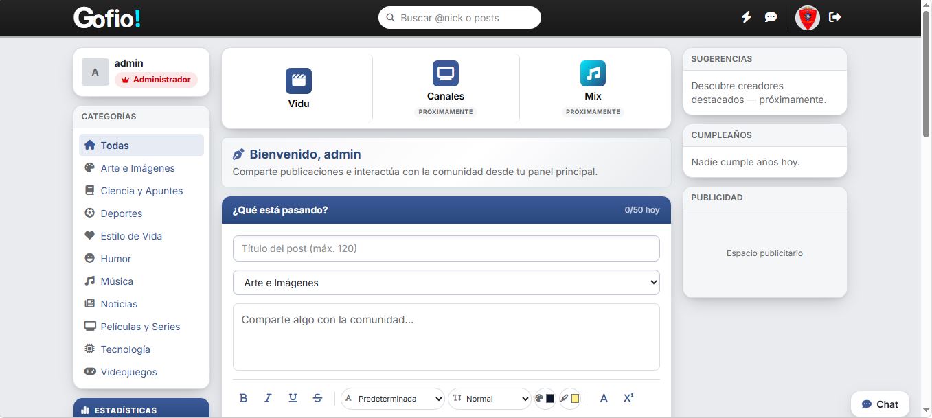Red social Gofio con publicaciones y chat